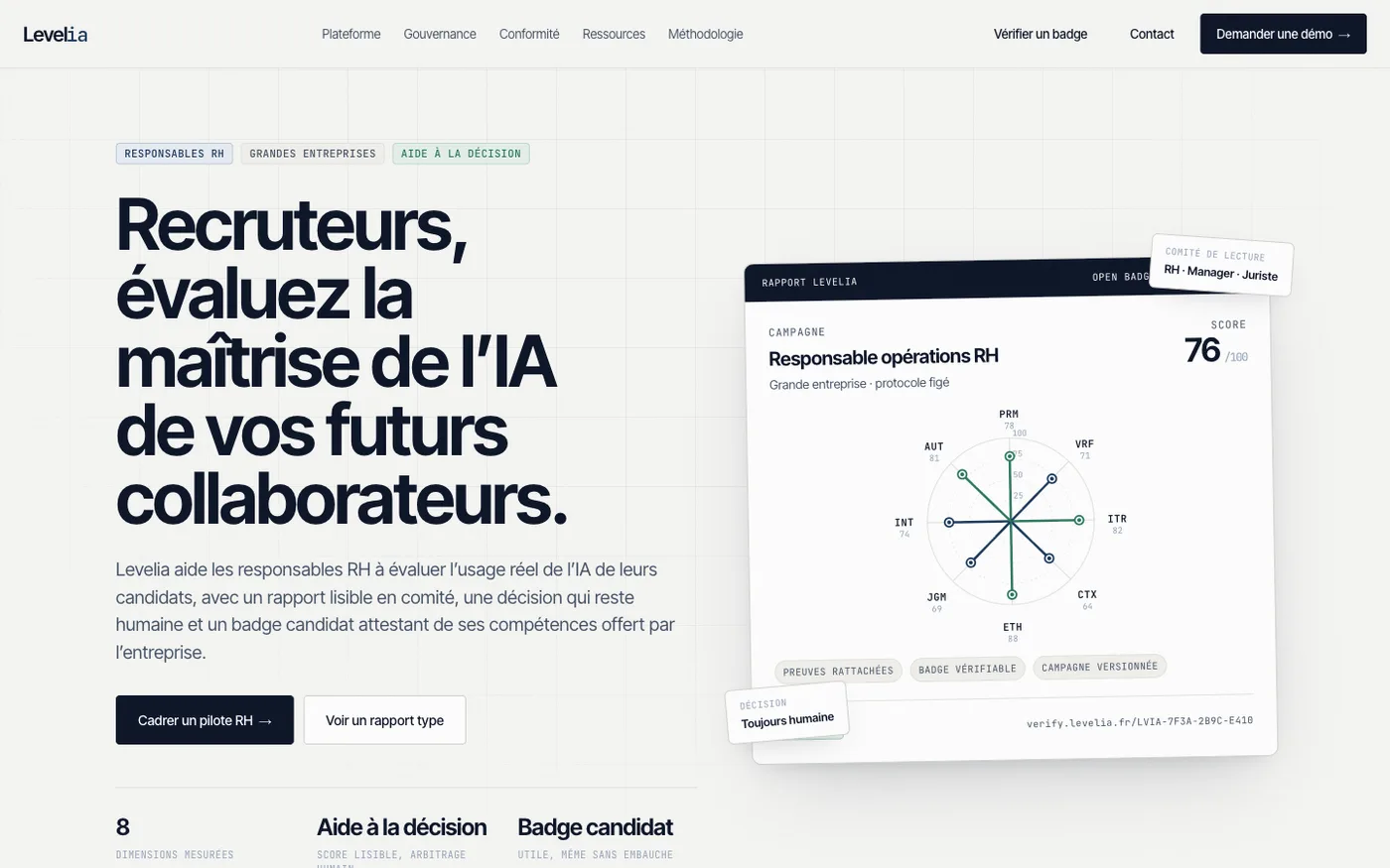 Page d'accueil de Levelia avec un rapport d'évaluation RH et son diagramme radar de compétences