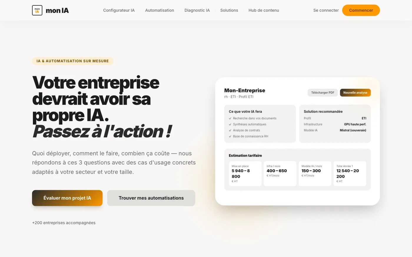 Tableau de bord de mon-ia.automatisia.fr affichant un diagnostic IA avec solution recommandée et estimation tarifaire