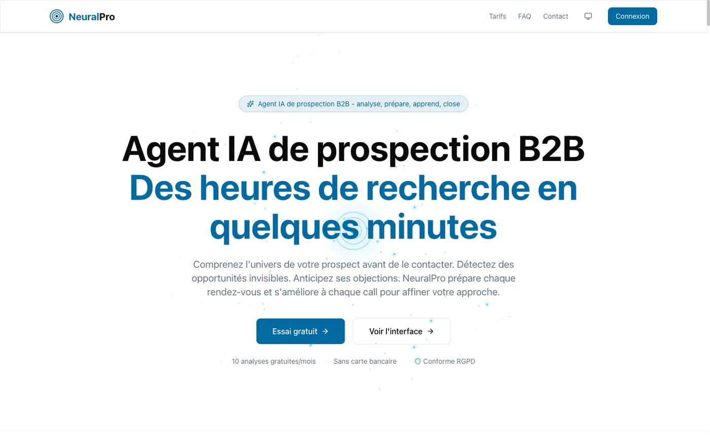 Page d'accueil de NeuralPro, agent IA de prospection B2B, avec onde radar derrière le titre