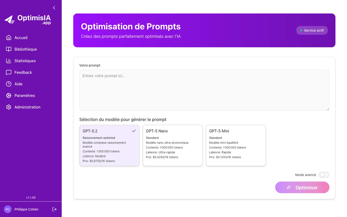 Interface d'OptimisIA : champ de saisie de prompt et sélection du modèle GPT pour l'optimisation